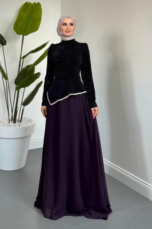 Santa Üstü Taşlı Asimetrik Kesim Abiye Mor