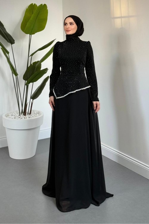 Santa Üstü Taşlı Asimetrik Kesim Abiye Siyah