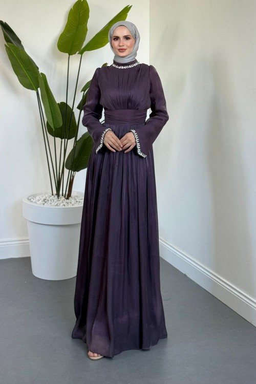 Saoris Boynu Kolu Taşlı Jan Jan Abiye Mor