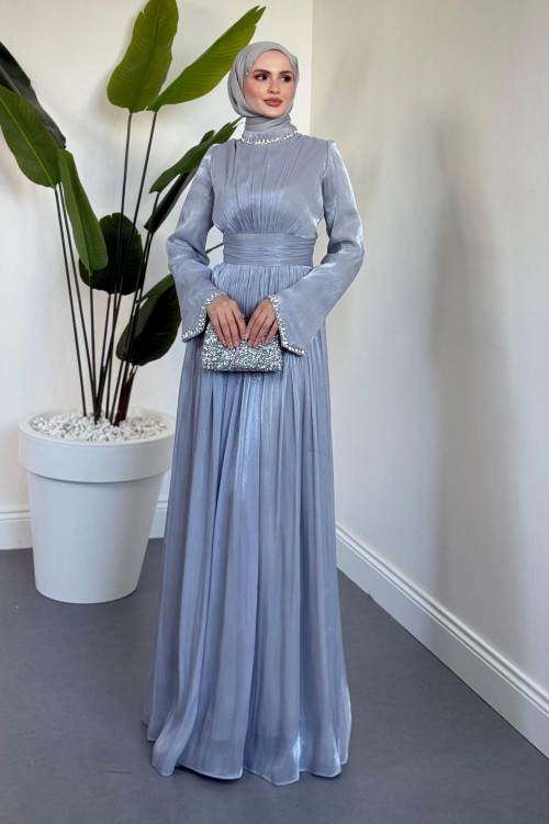 Saoris Boynu Kolu Taşlı Jan Jan Abiye Gri