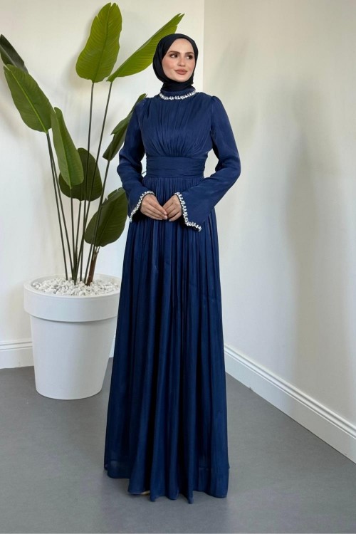 Saoris Boynu Kolu Taşlı Jan Jan Abiye Lacivert