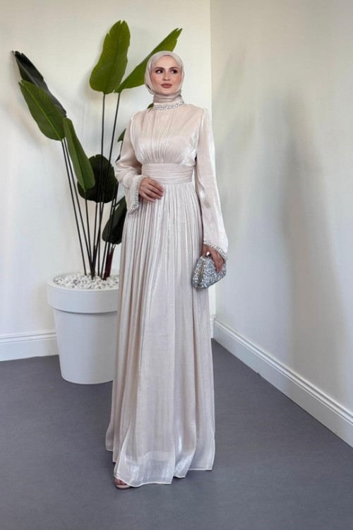 Saoris Boynu Kolu Taşlı Jan Jan Abiye Krem