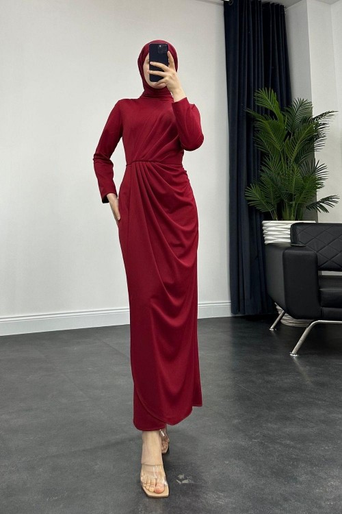 Sara Drapeli Elbise Bordo