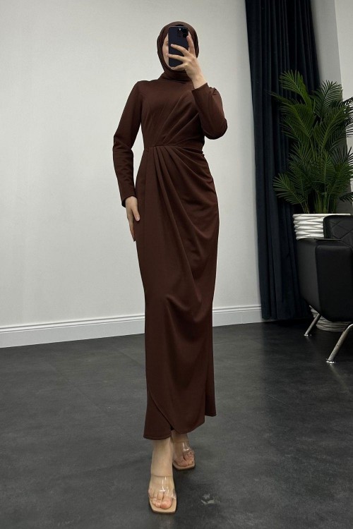 Sara Drapeli Elbise Kahverengi