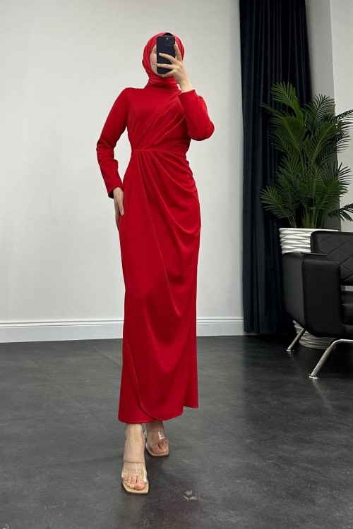 Sara Drapeli Elbise Kırmızı
