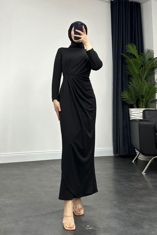 Sara Drapeli Elbise Siyah