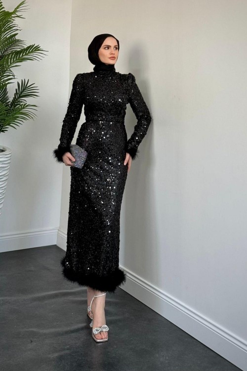 Saye Altı Tüylü Payet Abiye Siyah