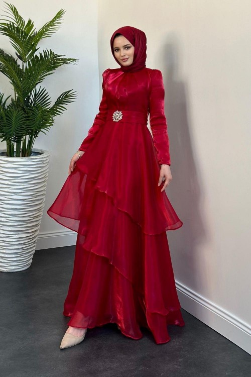 Şazeli Taş Tokalı Abiye Kırmızı