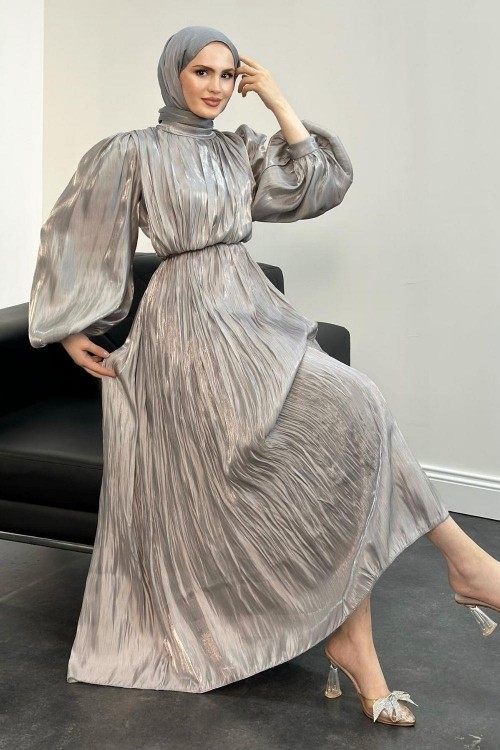 Seda Janjan Plise Abiye Gri