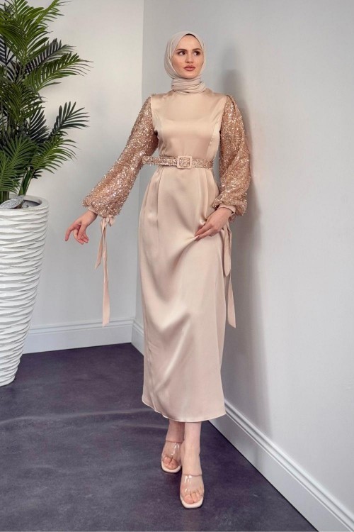 Şehla Kolları Boncuk İşleme Kemerli Abiye Krem