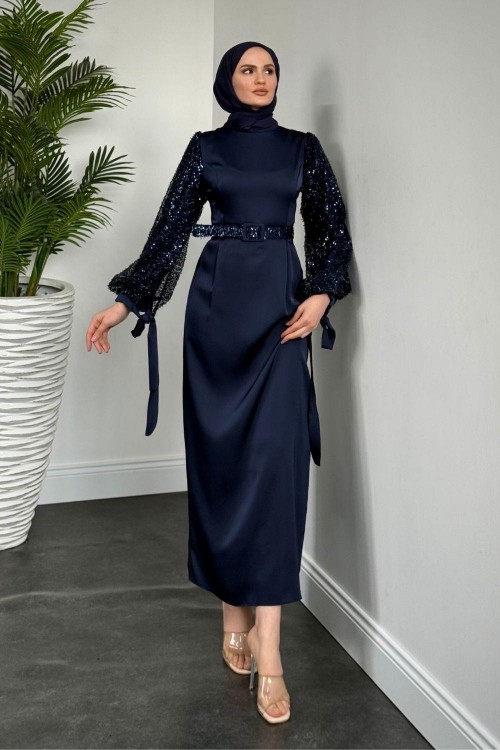 Şehla Kolları Boncuk İşleme Kemerli Abiye Lacivert