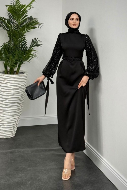 Şehla Kolları Boncuk İşleme Kemerli Abiye Siyah