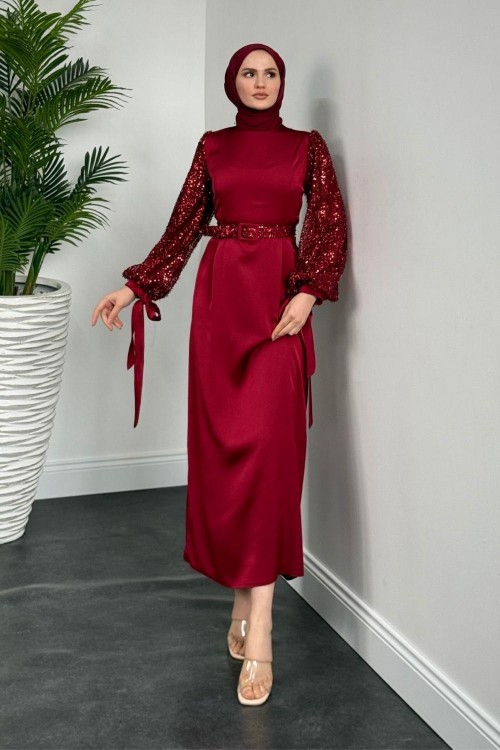 Şehla Kolları Boncuk İşleme Kemerli Abiye Bordo