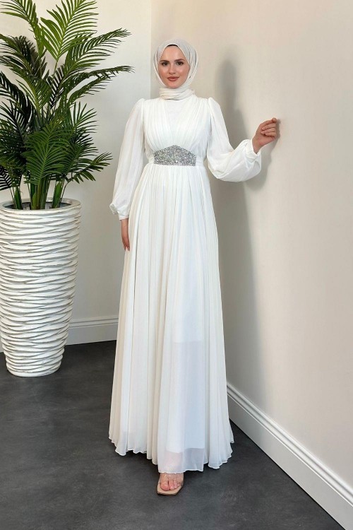 Sella Bel Taş Korse Abiye Beyaz