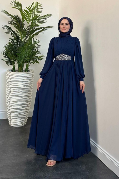 Sella Bel Taş Korse Abiye Lacivert