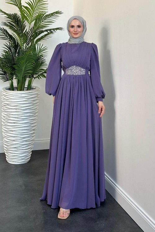 Sella Bel Taş Korse Abiye Lila