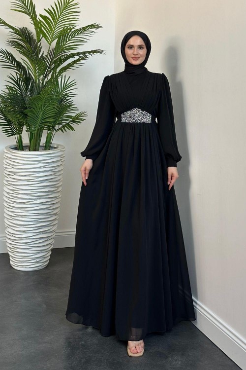 Sella Bel Taş Korse Abiye Siyah