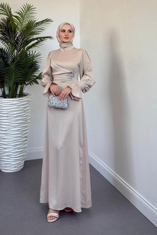 Senoria Yandan Taşlı Abiye Krem