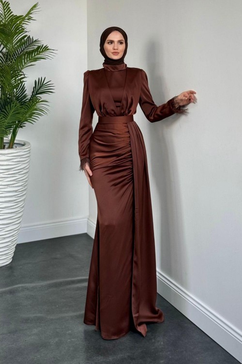 Senra Yandan Pelerinli Abiye Kahverengi