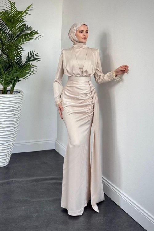 Senra Yandan Pelerinli Abiye Krem