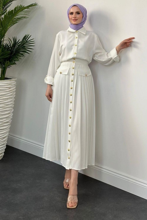 Sera Düğmeli  Plise Elbise Beyaz