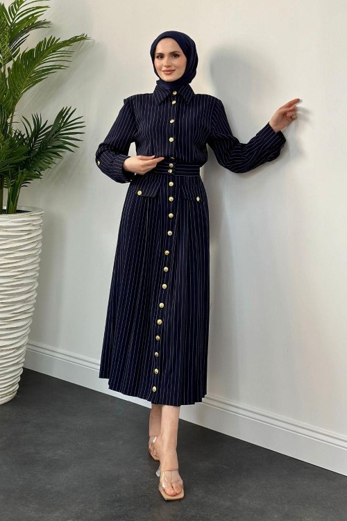 Sera Düğmeli  Plise Elbise Lacivert