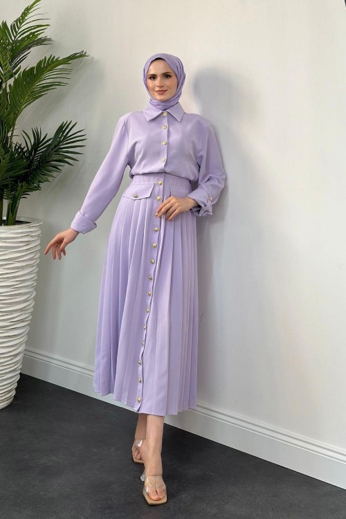 Sera Düğmeli  Plise Elbise Lila