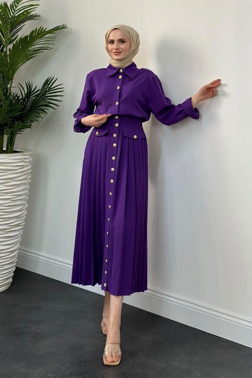 Sera Düğmeli  Plise Elbise Mor