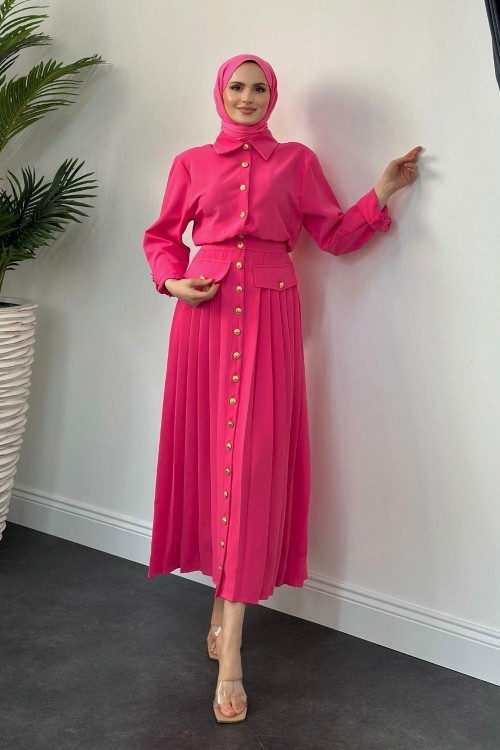 Sera Düğmeli  Plise Elbise Pembe