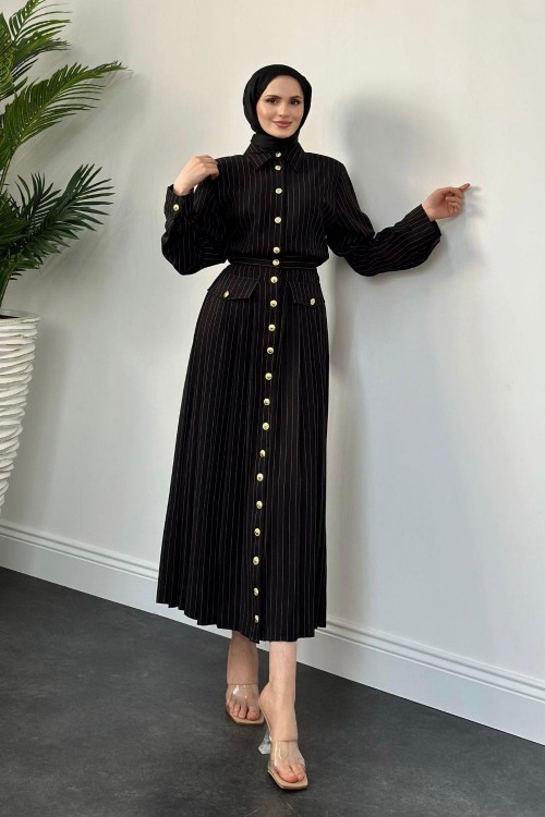 Sera Düğmeli  Plise Elbise Siyah
