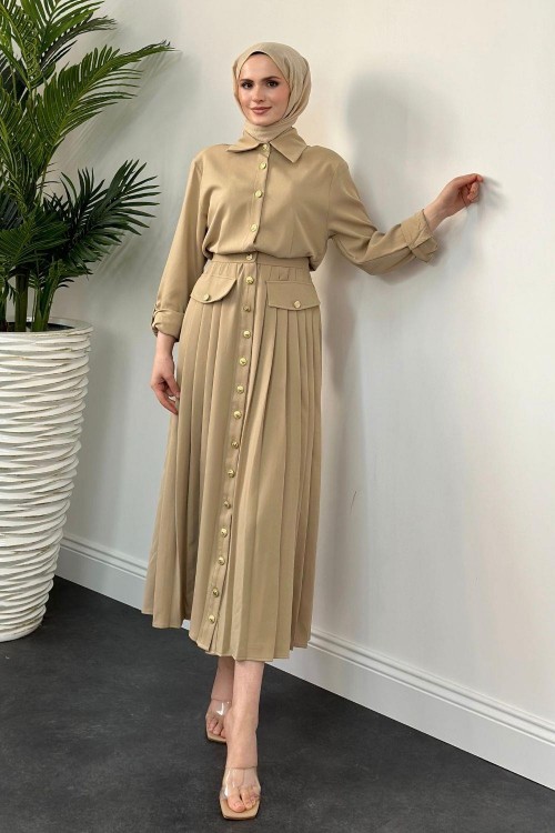Sera Düğmeli  Plise Elbise Sütlü Kahve