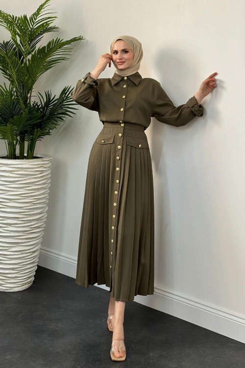 Sera Düğmeli  Plise Elbise Yeşil