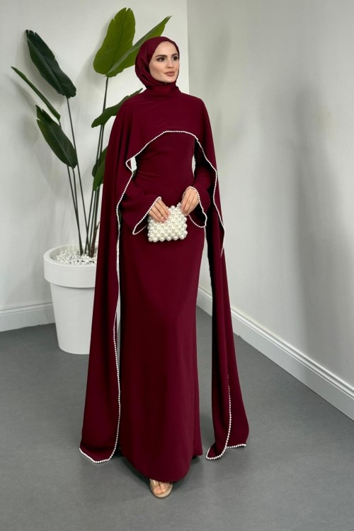 Serein Pelerinli İncili Abiye Bordo