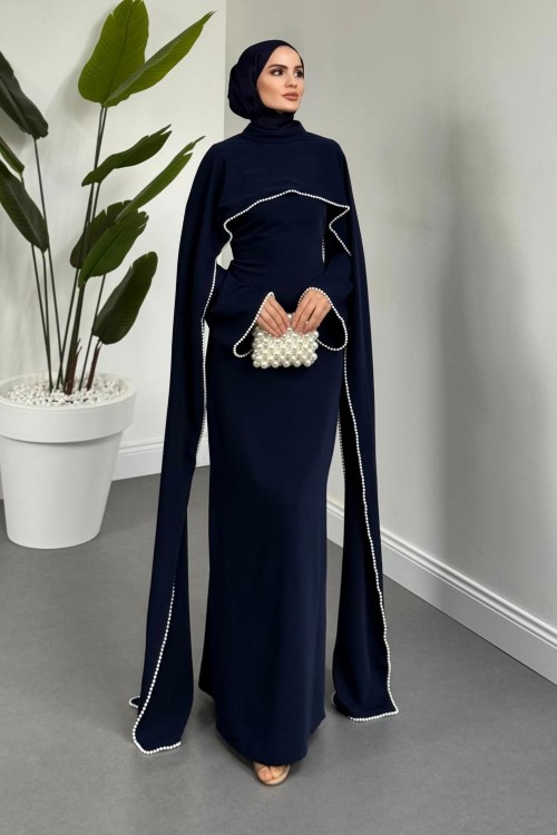 Serein Pelerinli İncili Abiye Lacivert