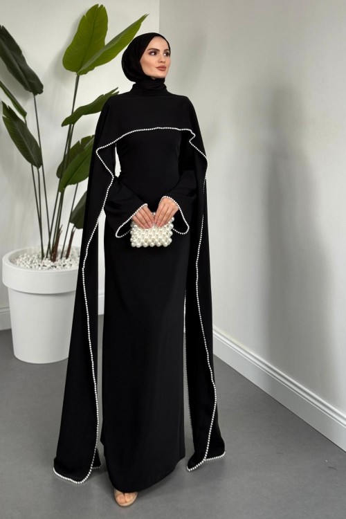 Serein Pelerinli İncili Abiye Siyah