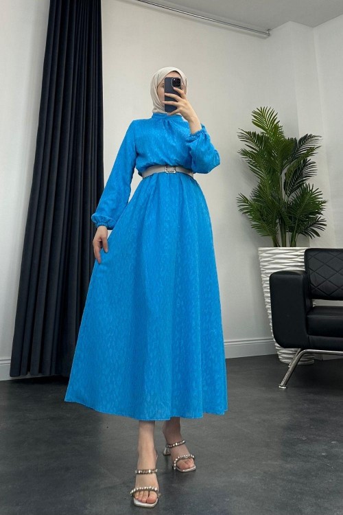 Serena Balon Kol Kemerlı Elbise Mavi