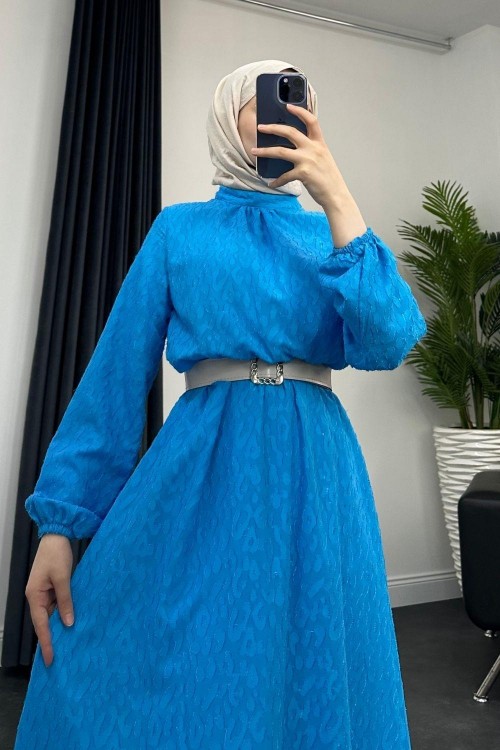 Serena Balon Kol Kemerlı Elbise Mavi