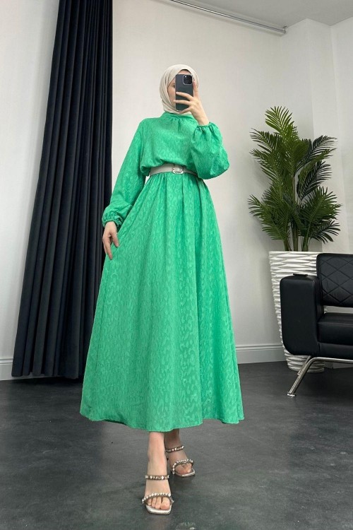 Serena Balon Kol Kemerlı Elbise Yeşil