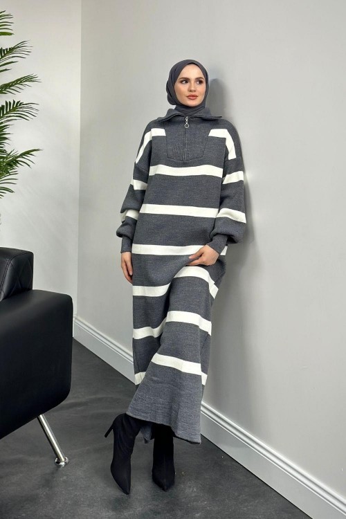 Serenity Çizgili Triko Elbise Gri