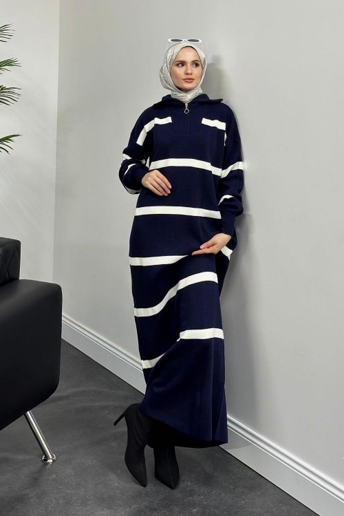 Serenity Çizgili Triko Elbise Lacivert