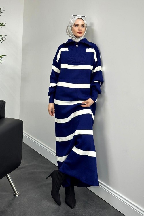 Serenity Çizgili Triko Elbise Sax