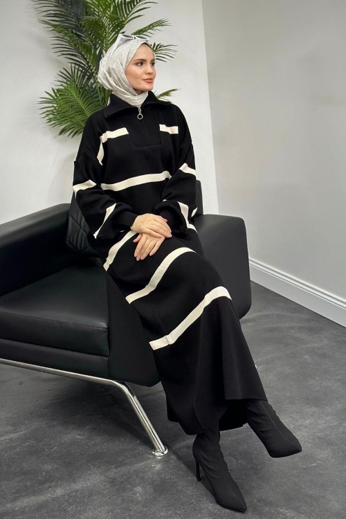 Serenity Çizgili Triko  Elbise Siyah