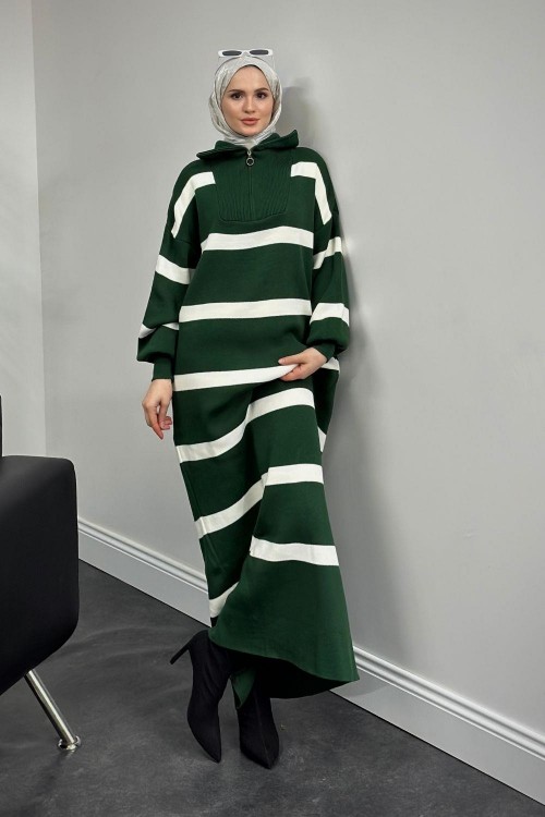 Serenity Çizgili Triko Elbise Zümrüt