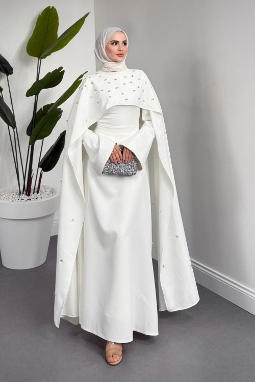 Serenya Pelerini Taşlı Abiye Beyaz