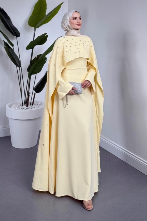 Serenya Pelerini Taşlı Abiye Butter Yellow
