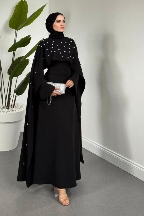 Serenya Pelerini Taşlı Abiye  Siyah