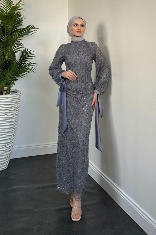Serina Kolları Fiyonklu Simli Abiye Gri