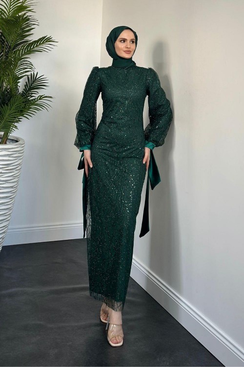 Serina Kolları Fiyonklu Simli Abiye Zümrüt