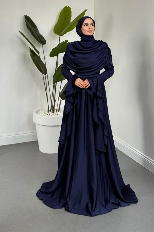 Sharin Drapeli Kolları Fırfırlı Abiye Lacivert