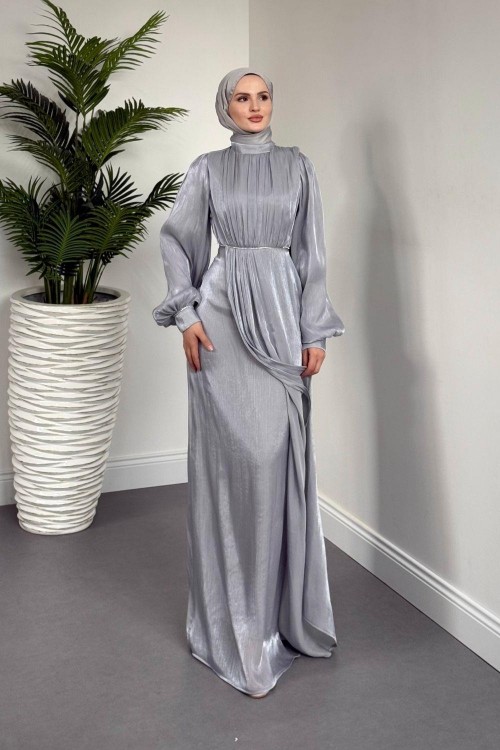 Shay Beli Ve Kolu Baget Taşlı Abiye Janjan  Abiye Gri